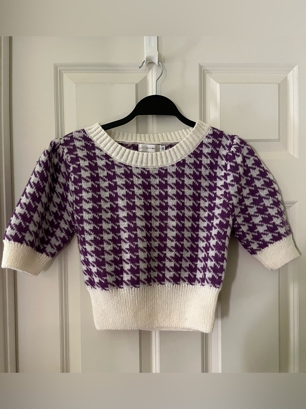 Knit Mix purple & white houndstooth knit cropped sweater ribbed crewneck small